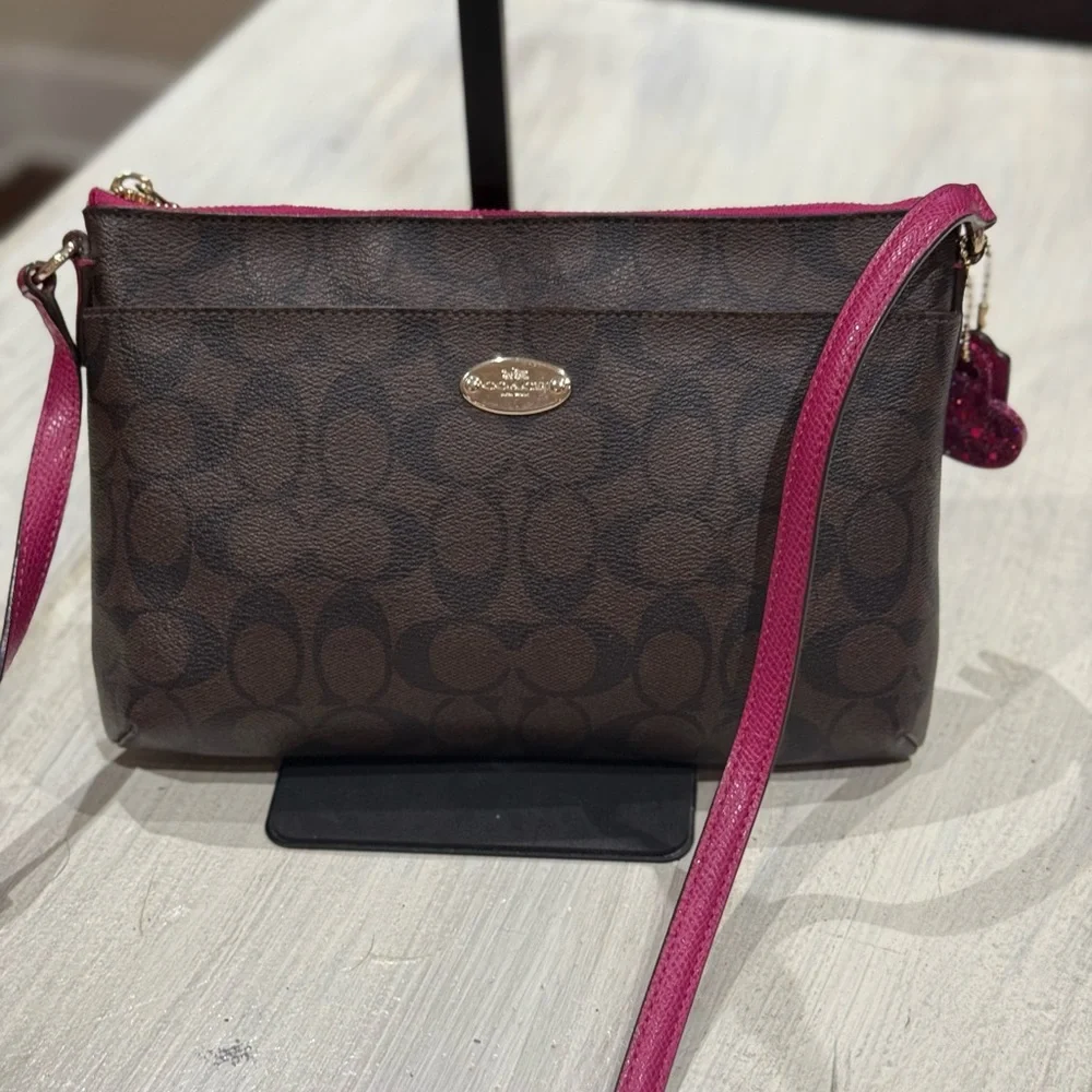 Coach Brown Signature Crossbody with Pink Trim and Strap